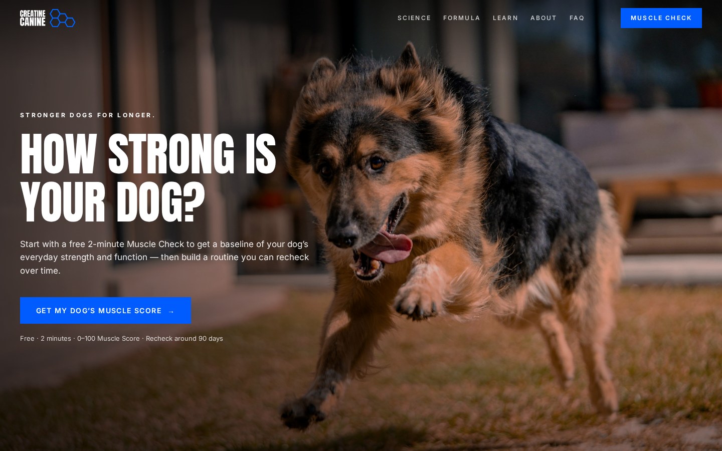 Screenshot of the Creatine Canine website homepage