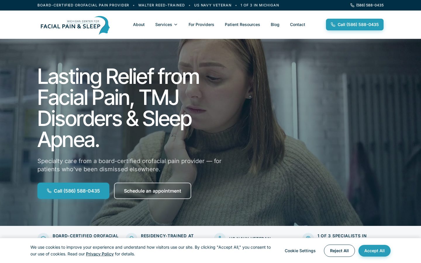 Screenshot of the Michigan Center for Facial Pain & Sleep website homepage