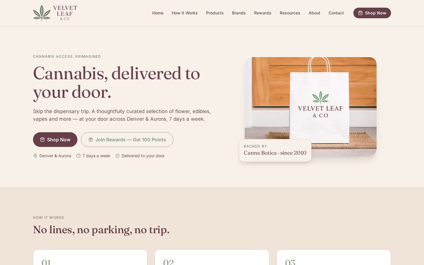 Screenshot of the Velvet Leaf & Co. website homepage
