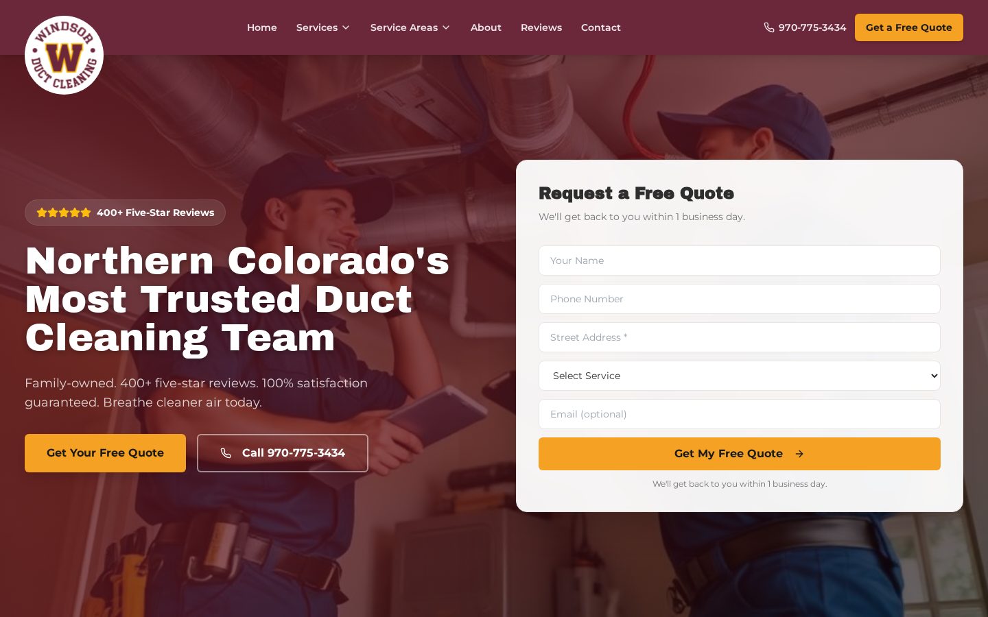 Screenshot of the Windsor Duct Cleaning website homepage